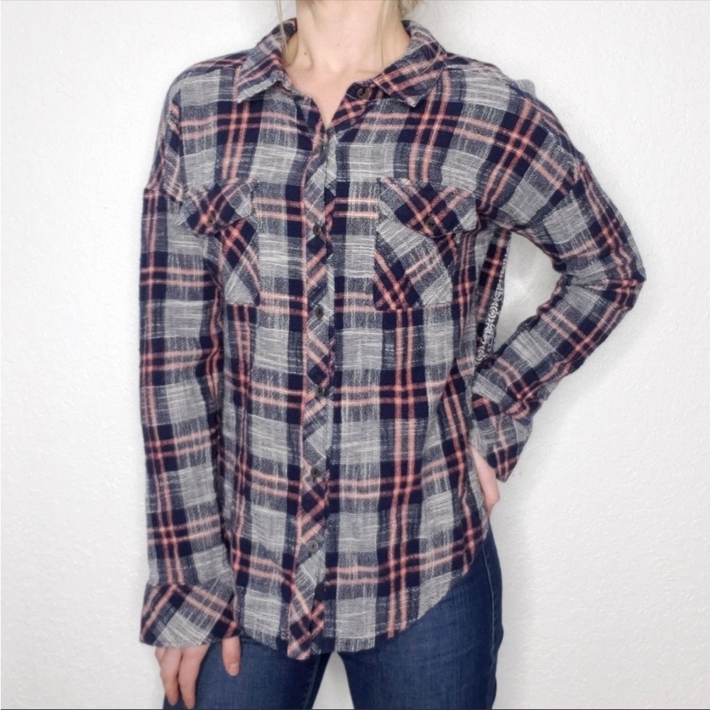 Miss Me Plaid Boho Contrast Panel Button Up Shirt